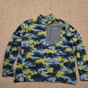 Eddie Bauer First Ascent Fleece Pullover Mens XL Blue Green Camo 1/4 Zip Outdoor